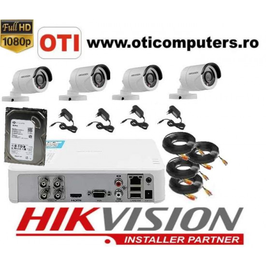 Kit complet supraveghere video 4 camere supraveghere exterior 2MP 1080p Hikvision 